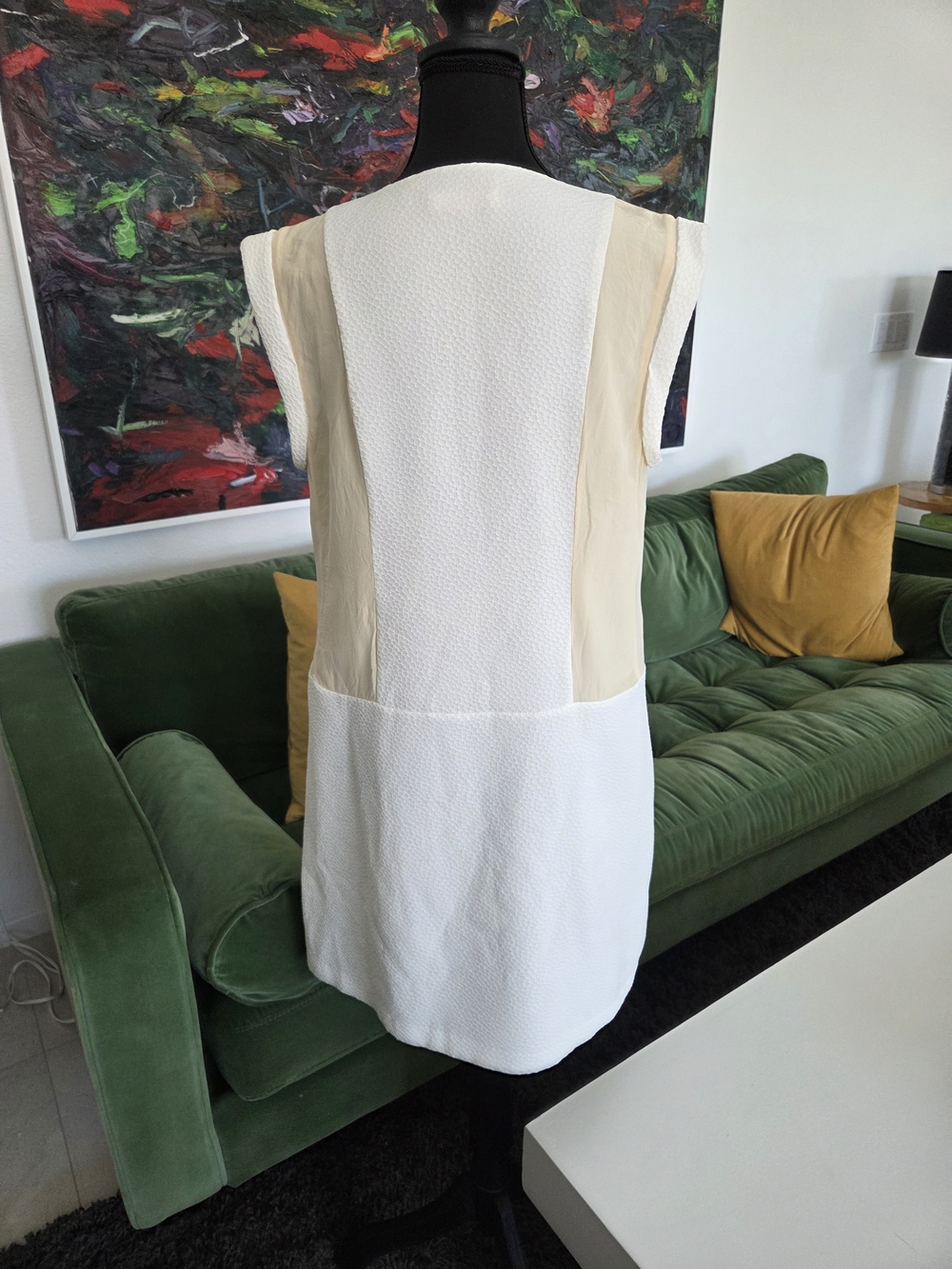 Rebecca Taylor Ivory White Textured Shift Dress with Cream Silk Panels, Size 8 - Picture 3 of 9